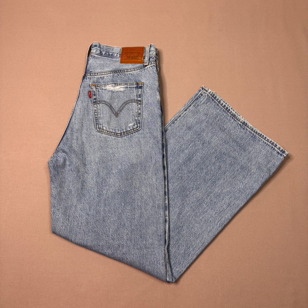 Levis Premium Ribcage Wide Leg Jeans Light Wash Distressed Ripped Size 30